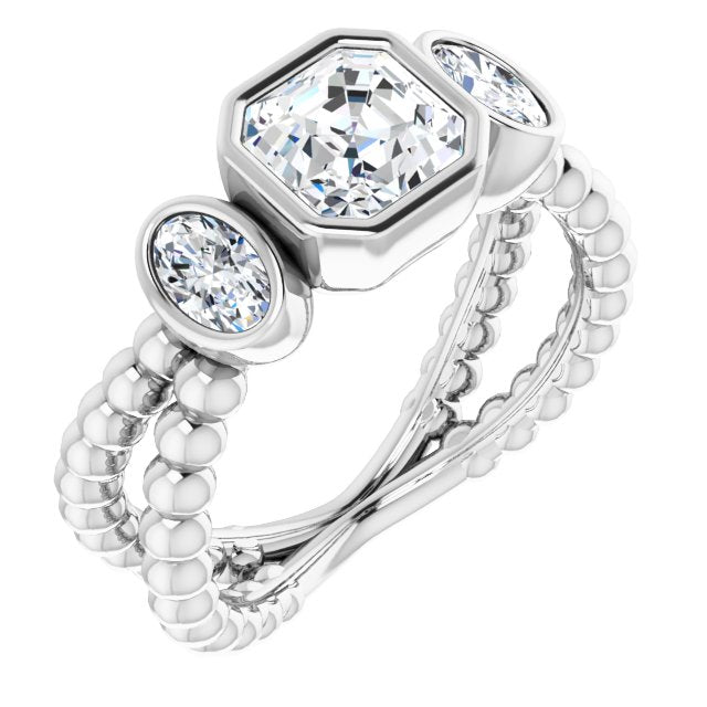 10K White Gold Customizable 3-stone Asscher Cut Design with 2 Oval Cut Side Stones and Wide, Bubble-Bead Split-Band