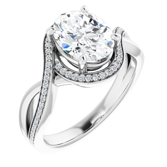 10K White Gold Customizable Bypass-Halo-Accented Oval Cut Center with Twisting Split Shared Prong Band
