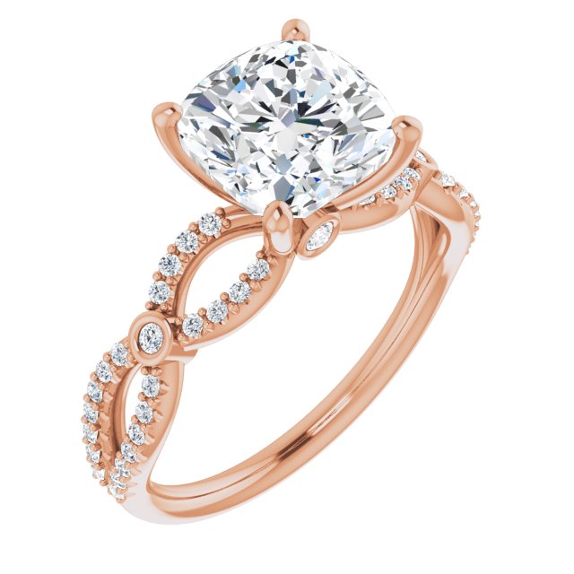 10K Rose Gold Customizable Cushion Cut Design with Infinity-inspired Split Pavé Band and Bezel Peekaboo Accents
