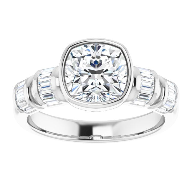 Cubic Zirconia Engagement Ring- The Astrid (Customizable Bezel-set Cushion Cut Design with Quad Horizontal Band Sleeves of Baguette Accents)