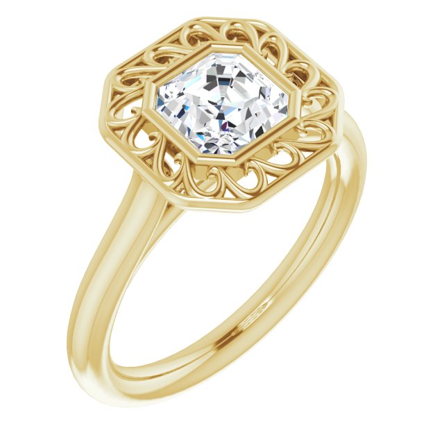 10K Yellow Gold Customizable Cathedral-Bezel Style Asscher Cut Solitaire with Flowery Filigree