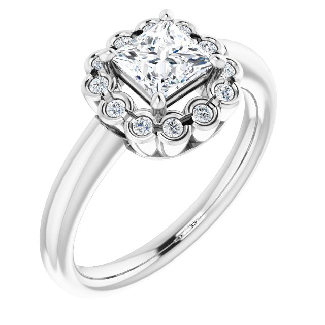 10K White Gold Customizable 13-stone Princess/Square Cut Design with Floral-Halo Round Bezel Accents