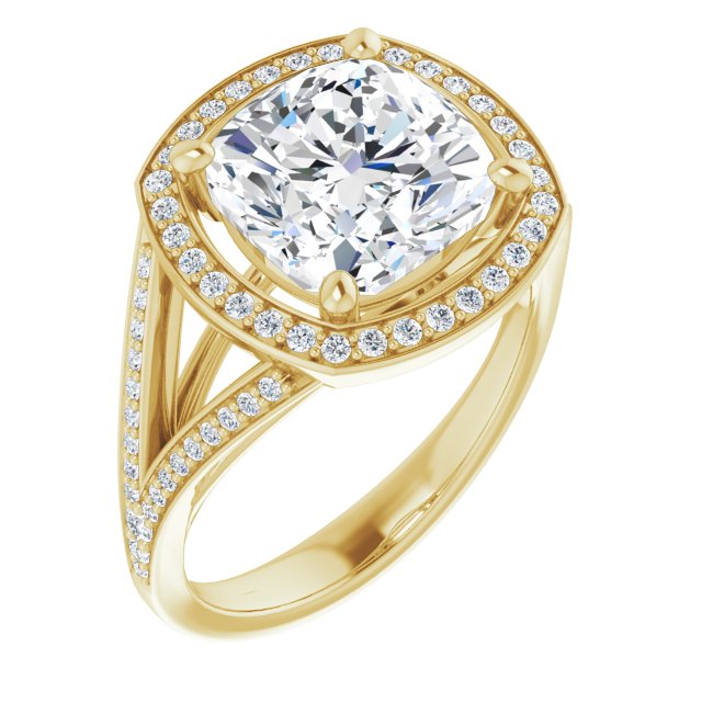 14K Yellow Gold Customizable Cathedral-Halo Cushion Cut Style featuring Split-Shared Prong Band