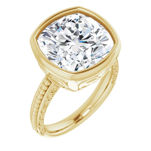 14K Yellow Gold Customizable Bezel-set Cushion Cut Solitaire with Beaded and Carved Three-sided Band