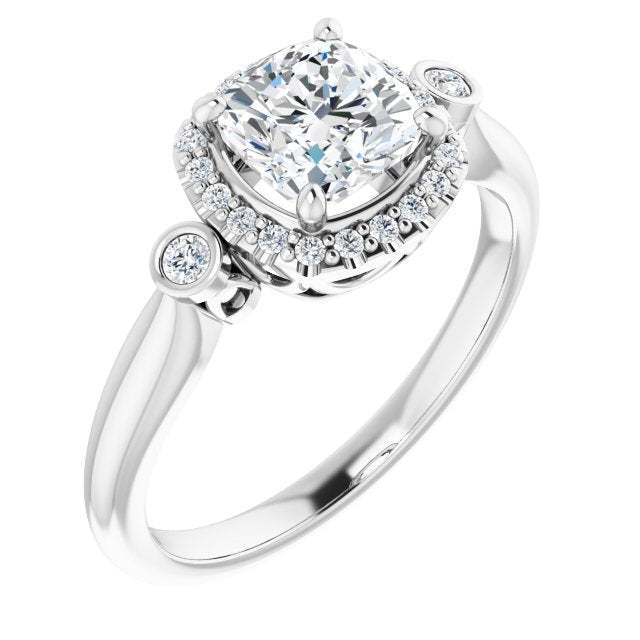 10K White Gold Customizable Cushion Cut Style with Halo and Twin Round Bezel Accents