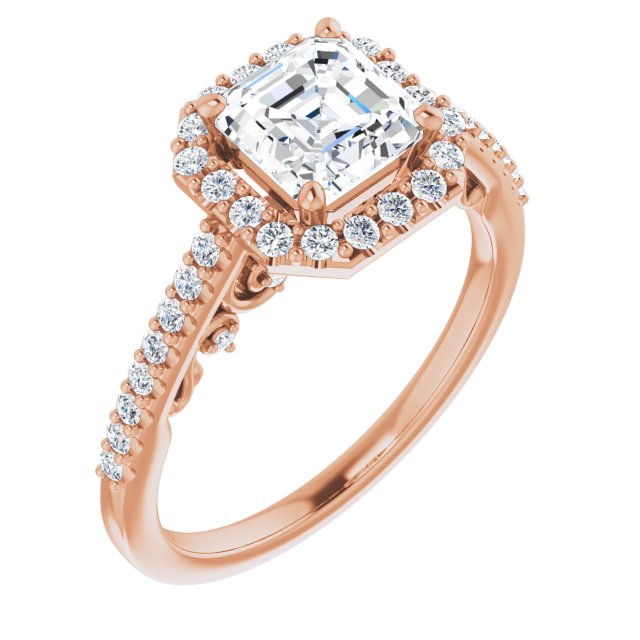 10K Rose Gold Customizable Cathedral-Halo Asscher Cut Design with Carved Metal Accent plus Pavé Band