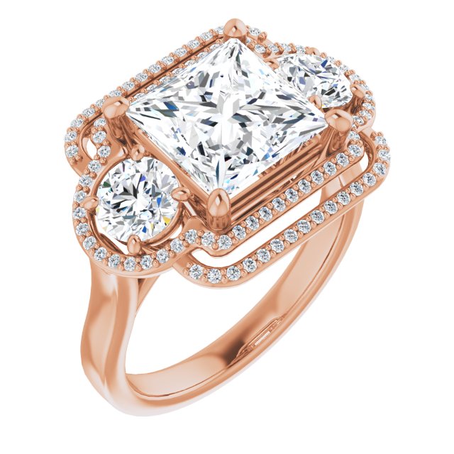 10K Rose Gold Customizable Cathedral-set Enhanced 3-stone Princess/Square Cut Design with Multidirectional Halo