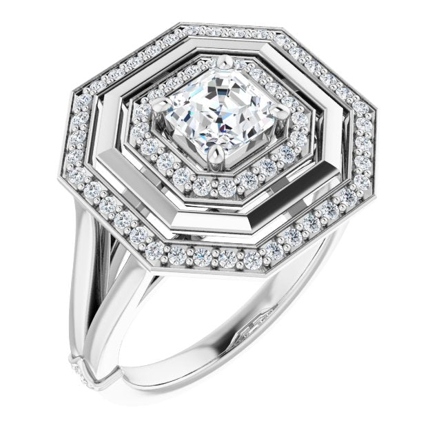 10K White Gold Customizable Asscher Cut Oversized 2x Halo Style with Knuckle Accented Split Band