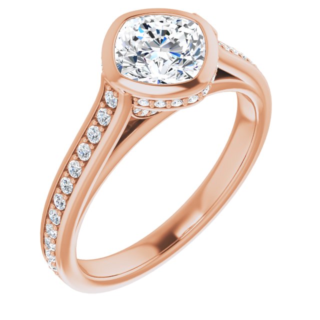 10K Rose Gold Customizable Cathedral-Bezel Cushion Cut Design with Under Halo and Shared Prong Band