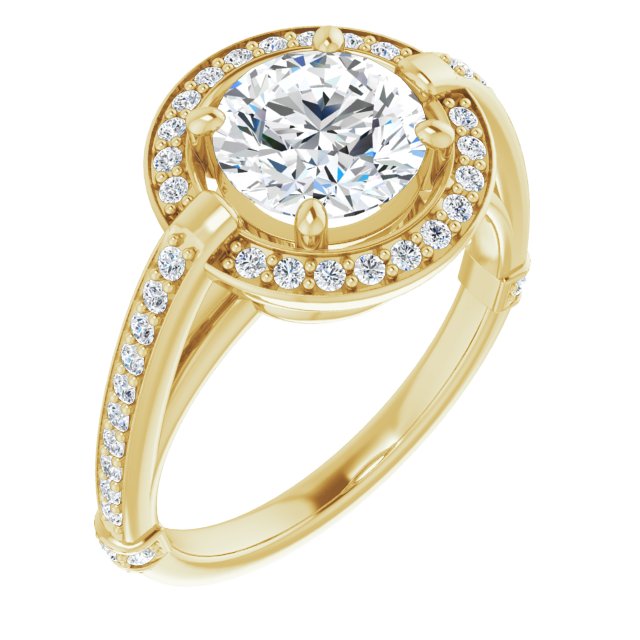 10K Yellow Gold Customizable High-Cathedral Round Cut Design with Halo and Shared Prong Band