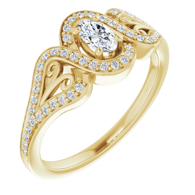10K Yellow Gold Customizable Oval Cut Design with Bypass Halo and Split-Shared Prong Band