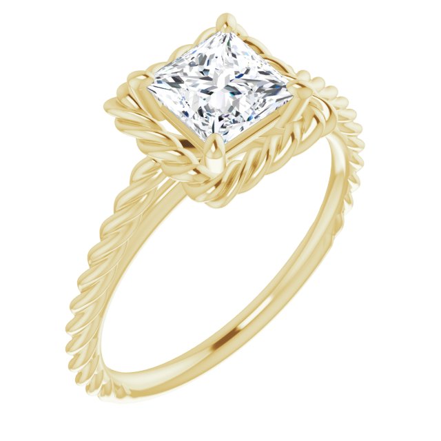 10K Yellow Gold Customizable Cathedral-set Princess/Square Cut Solitaire with Thin Rope-Twist Band