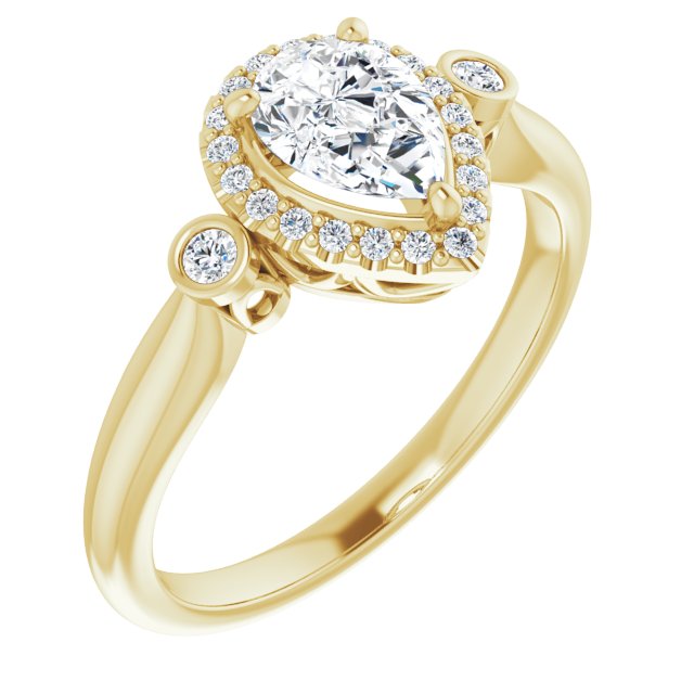 10K Yellow Gold Customizable Pear Cut Style with Halo and Twin Round Bezel Accents