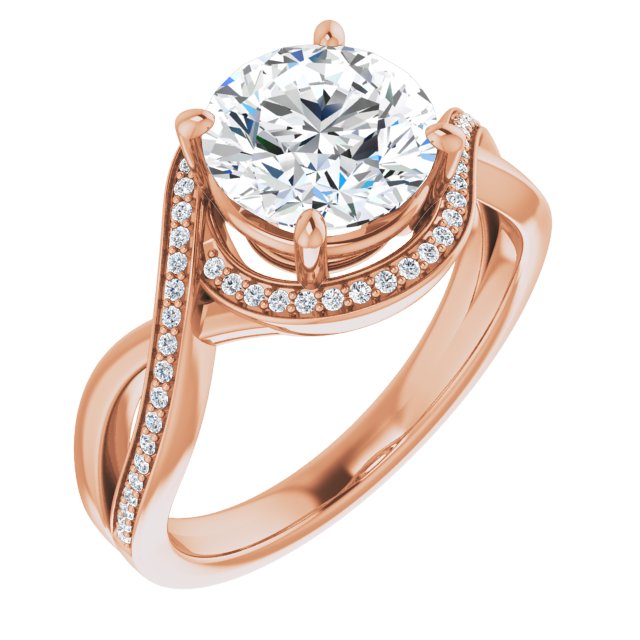 18K Rose Gold Customizable Bypass-Halo-Accented Round Cut Center with Twisting Split Shared Prong Band