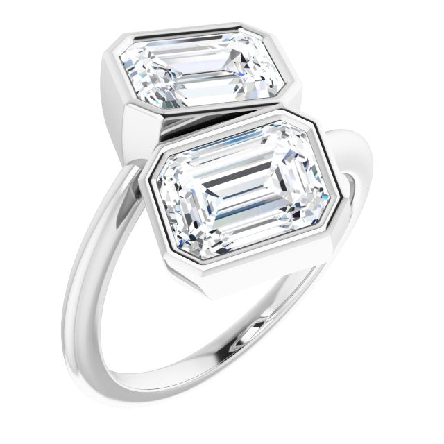 Cubic Zirconia Engagement Ring- The Mirella (Customizable 2-stone Double Bezel Emerald Cut Design with Artisan Bypass Band)