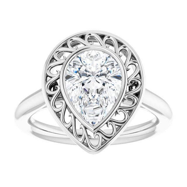 Cubic Zirconia Engagement Ring- The Addie (Customizable Cathedral-Bezel Style Pear Cut Solitaire with Flowery Filigree)