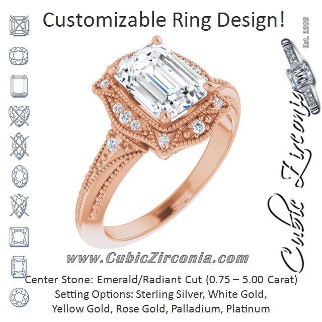 Cubic Zirconia Engagement Ring- The Ashton (Customizable Vintage Radiant Cut Design with Beaded Milgrain and Starburst Semi-Halo)