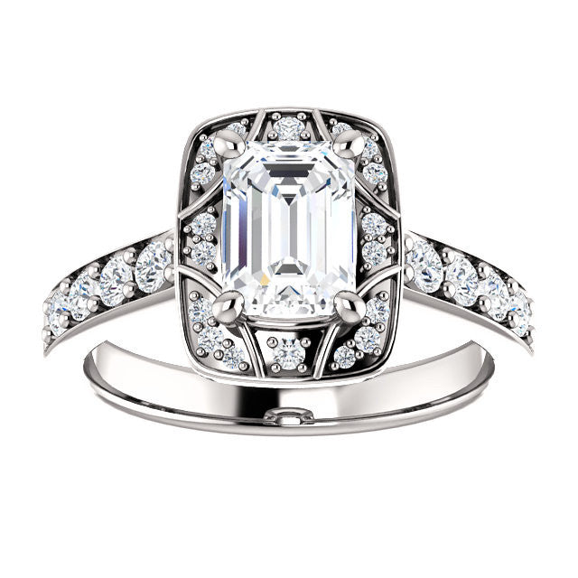 CZ Wedding Set, featuring The Payton engagement ring (Customizable Emerald Cut with Segmented Cluster-Halo and Large-Accented Band)