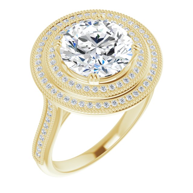10K Yellow Gold Customizable Round Cut Design with Elegant Double Halo, Houndstooth Milgrain and Band-Channel Accents