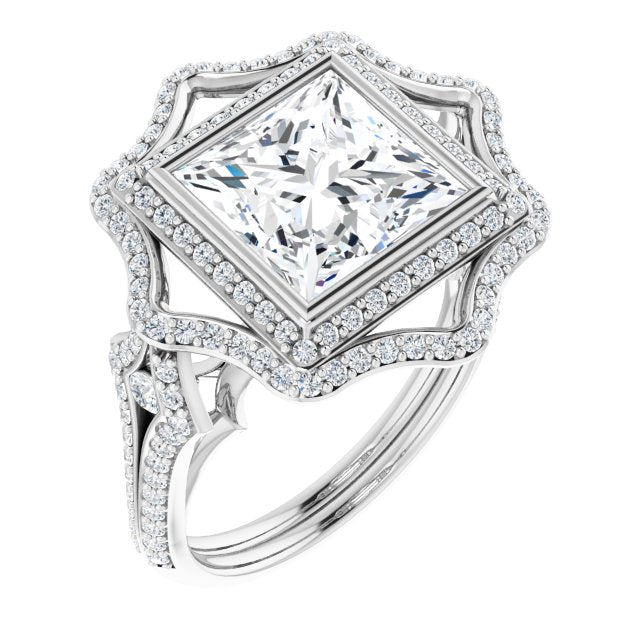 10K White Gold Customizable Princess/Square Cut Style with Ultra-wide Pavé Split-Band and Nature-Inspired Double Halo