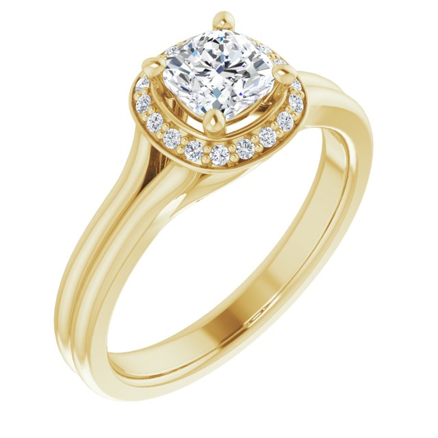 10K Yellow Gold Customizable Cathedral-set Cushion Cut Design with Split-band & Halo Accents