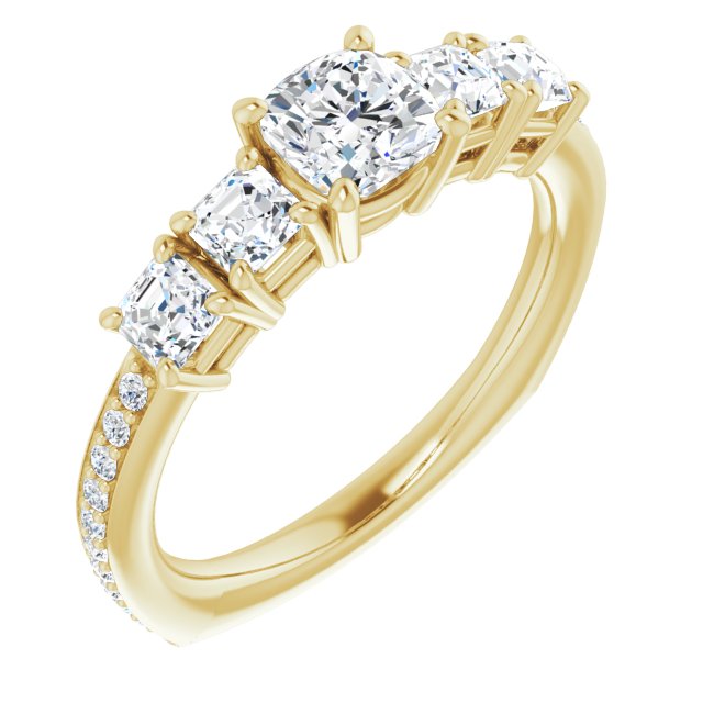 10K Yellow Gold Customizable Cushion Cut 5-stone Style with Quad Cushion Accents plus Shared Prong Band