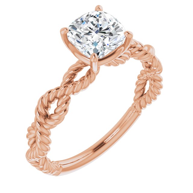 10K Rose Gold Customizable Cushion Cut Solitaire with Infinity-inspired Twisting-Rope Split Band