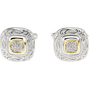 **Men's Cufflinks- 0.14 TCW 21-stone Two-tone with Hand-Engraving