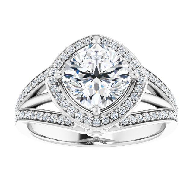 Cubic Zirconia Engagement Ring- The Hanna Jo (Customizable High-set Cushion Cut Design with Halo, Wide Tri-Split Shared Prong Band and Round Bezel Peekaboo Accents)