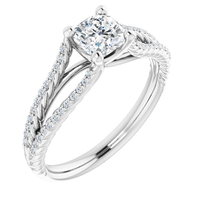 10K White Gold Customizable Cushion Cut Style with Split Band and Rope-Pavé