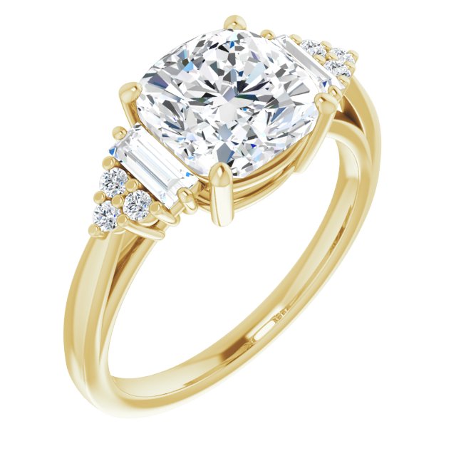 10K Yellow Gold Customizable 9-stone Design with Cushion Cut Center, Side Baguettes and Tri-Cluster Round Accents
