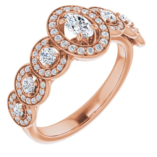10K Rose Gold Customizable Cathedral-set Oval Cut 7-stone style Enhanced with 7 Halos
