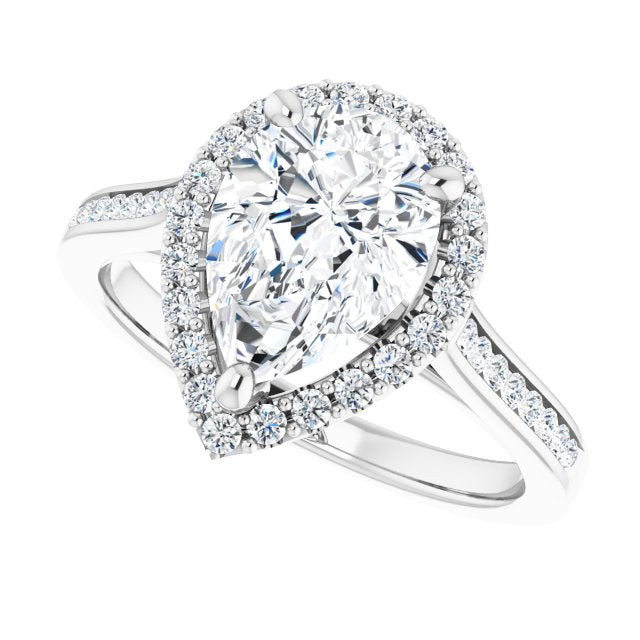 Cubic Zirconia Engagement Ring- The Star (Customizable Pear Cut Design with Halo, Round Channel Band and Floating Peekaboo Accents)