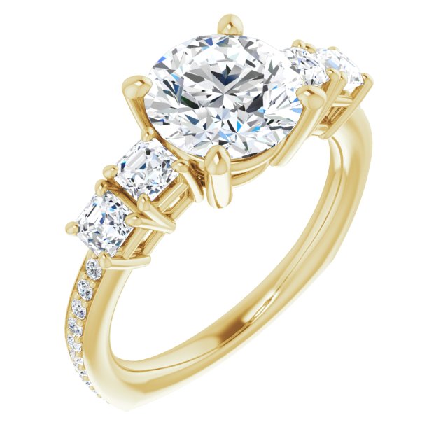 14K Yellow Gold Customizable Round Cut 5-stone Style with Quad Round Accents plus Shared Prong Band