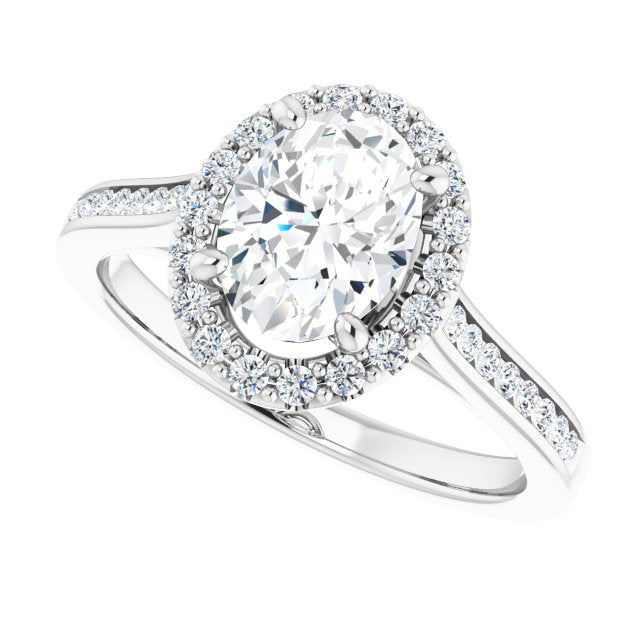 Cubic Zirconia Engagement Ring- The Star (Customizable Oval Cut Design with Halo, Round Channel Band and Floating Peekaboo Accents)