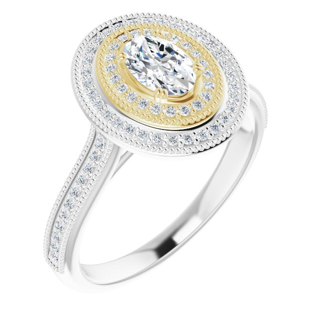 14K White & Yellow Gold Customizable Oval Cut Design with Elegant Double Halo, Houndstooth Milgrain and Band-Channel Accents