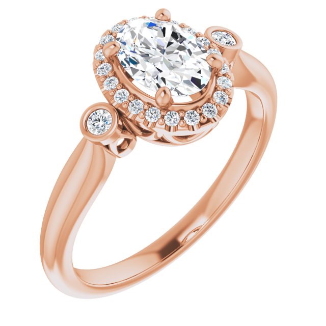 10K Rose Gold Customizable Oval Cut Style with Halo and Twin Round Bezel Accents