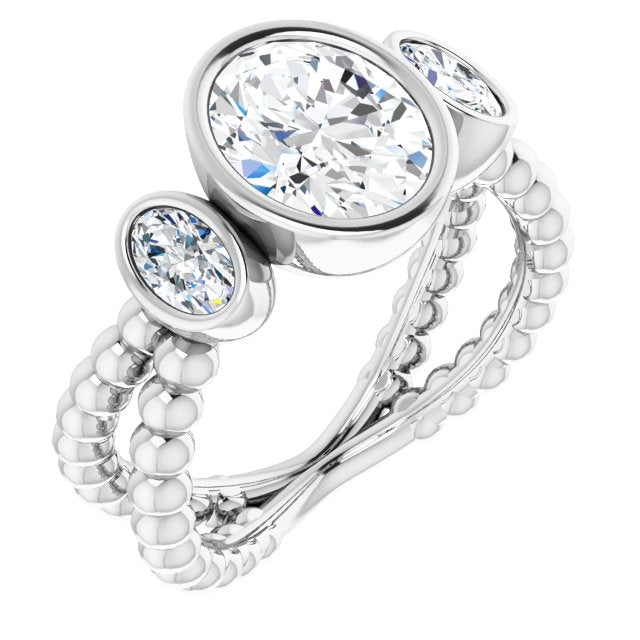 10K White Gold Customizable 3-stone Oval Cut Design with 2 Oval Cut Side Stones and Wide, Bubble-Bead Split-Band