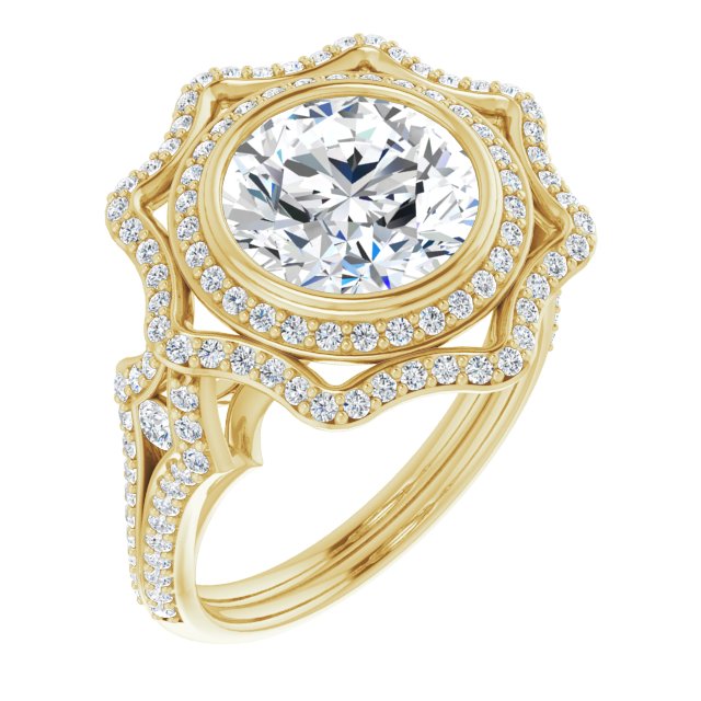 10K Yellow Gold Customizable Round Cut Style with Ultra-wide Pavé Split-Band and Nature-Inspired Double Halo