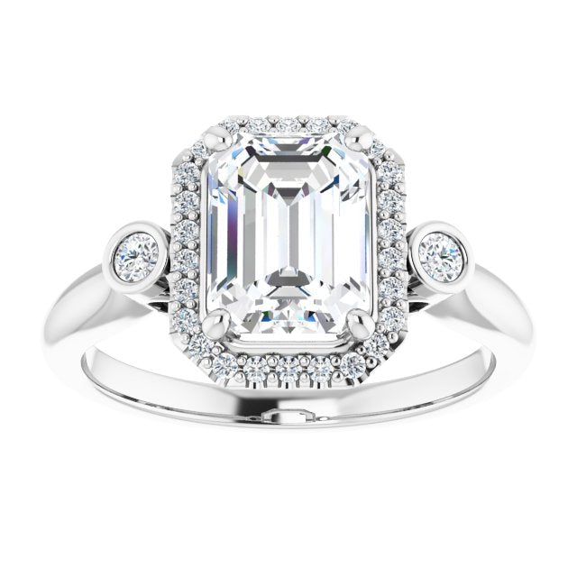 Cubic Zirconia Engagement Ring- The Adoración (Customizable Radiant Cut Style with Halo and Twin Round Bezel Accents)