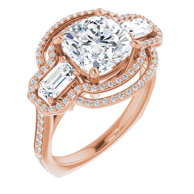 10K Rose Gold Customizable Enhanced 3-stone Style with Cushion Cut Center, Emerald Cut Accents, Double Halo and Thin Shared Prong Band