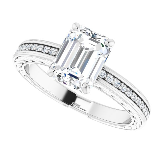 Cubic Zirconia Engagement Ring- The Angie (Customizable Emerald Cut Design with Rope-Filigree Hammered Inlay & Round Channel Accents)