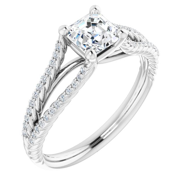 10K White Gold Customizable Asscher Cut Style with Split Band and Rope-Pavé