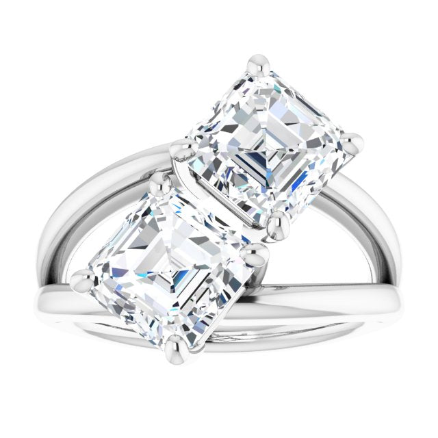 Cubic Zirconia Engagement Ring- The Melaine (Customizable Two Stone Double Asscher Cut Design with Split Bypass Band)