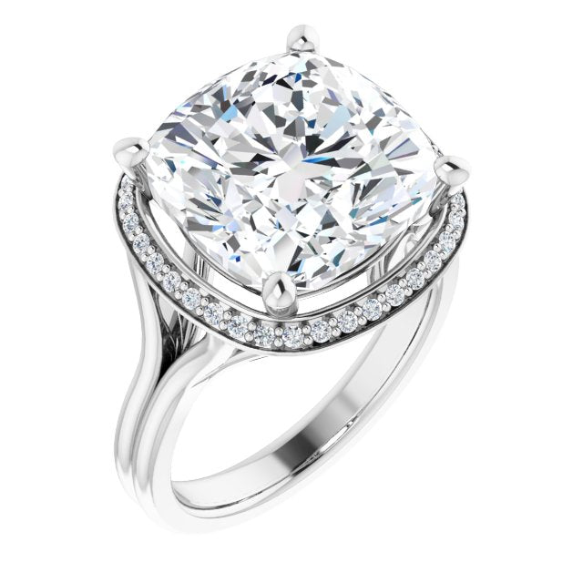 18K White Gold Customizable Cathedral-set Cushion Cut Design with Split-band & Halo Accents