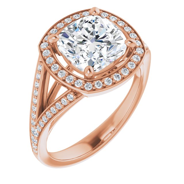 10K Rose Gold Customizable Cathedral-Halo Cushion Cut Style featuring Split-Shared Prong Band