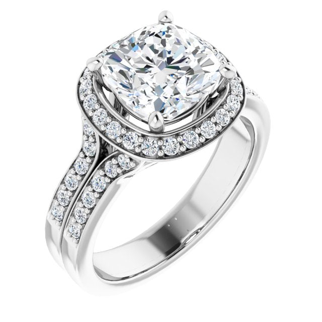 10K White Gold Customizable Cushion Cut Halo Style with Accented Split-Band