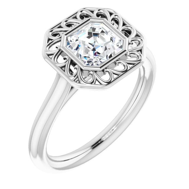 10K White Gold Customizable Cathedral-Bezel Style Asscher Cut Solitaire with Flowery Filigree