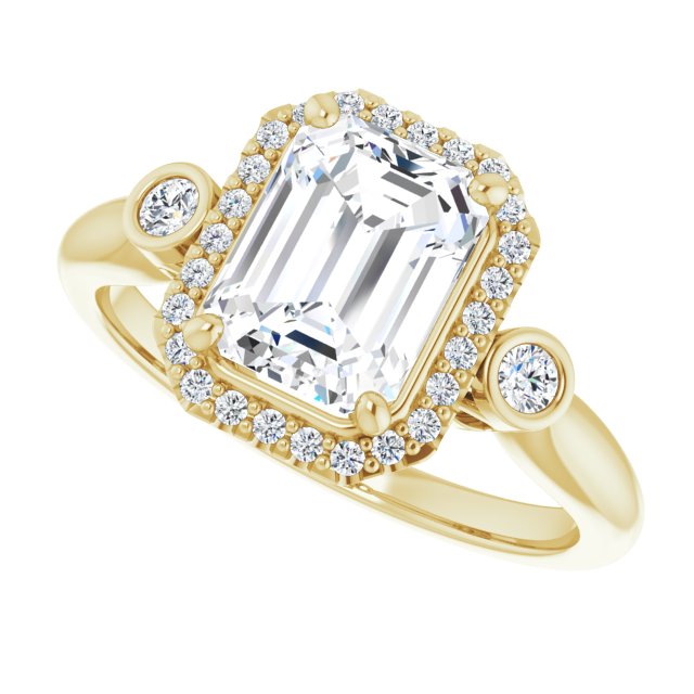 Cubic Zirconia Engagement Ring- The Adoración (Customizable Emerald Cut Style with Halo and Twin Round Bezel Accents)