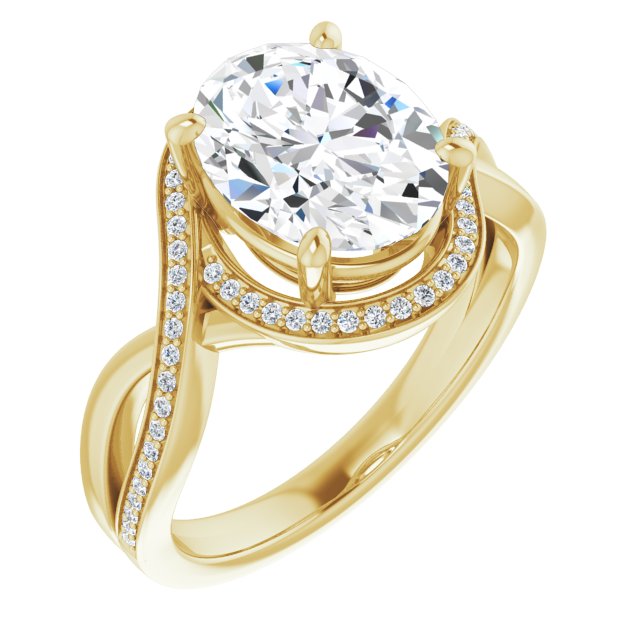 10K Yellow Gold Customizable Bypass-Halo-Accented Oval Cut Center with Twisting Split Shared Prong Band